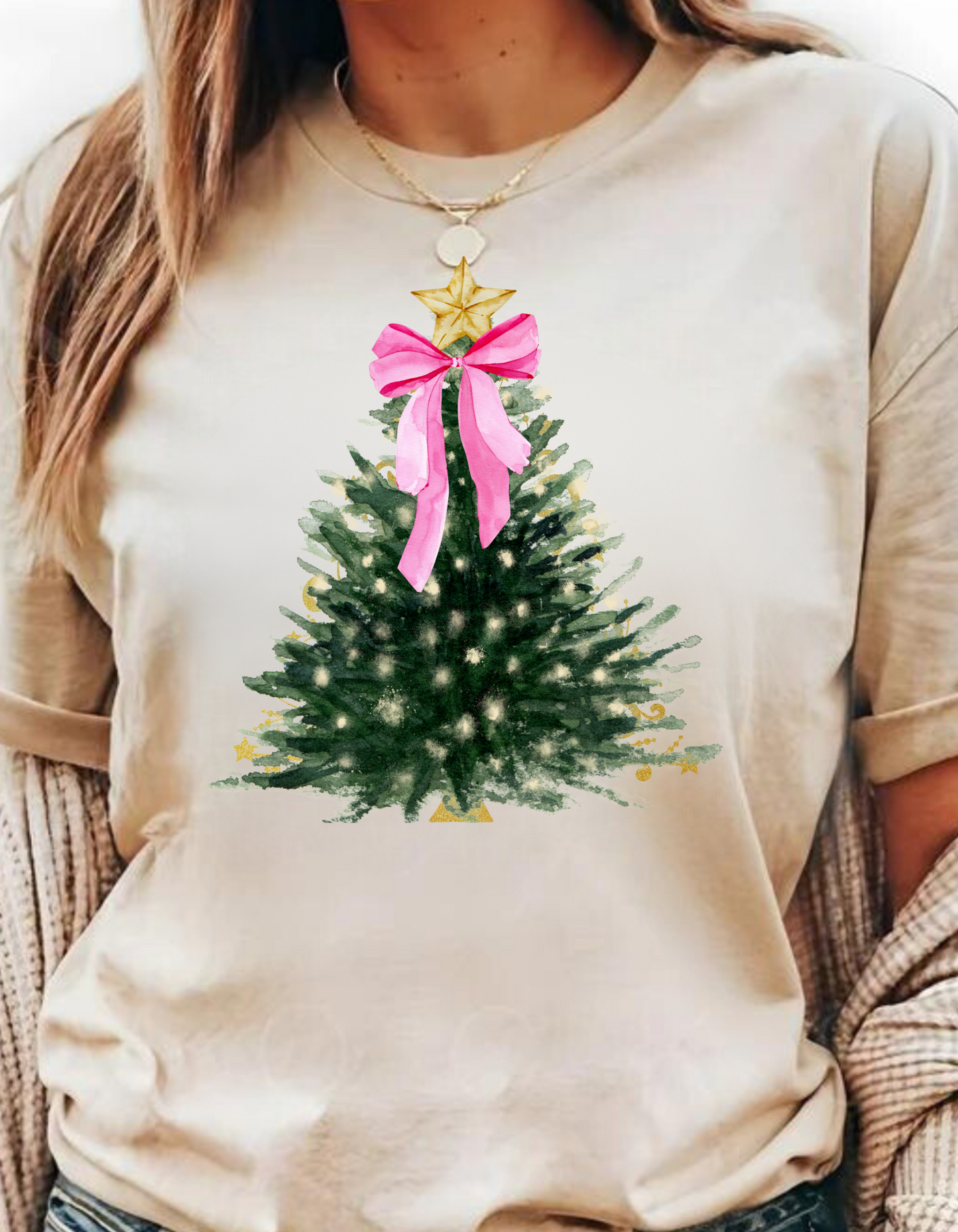 Chic Christmas Tree T-shirt – Holiday Tree with White Lights and Pink Bow