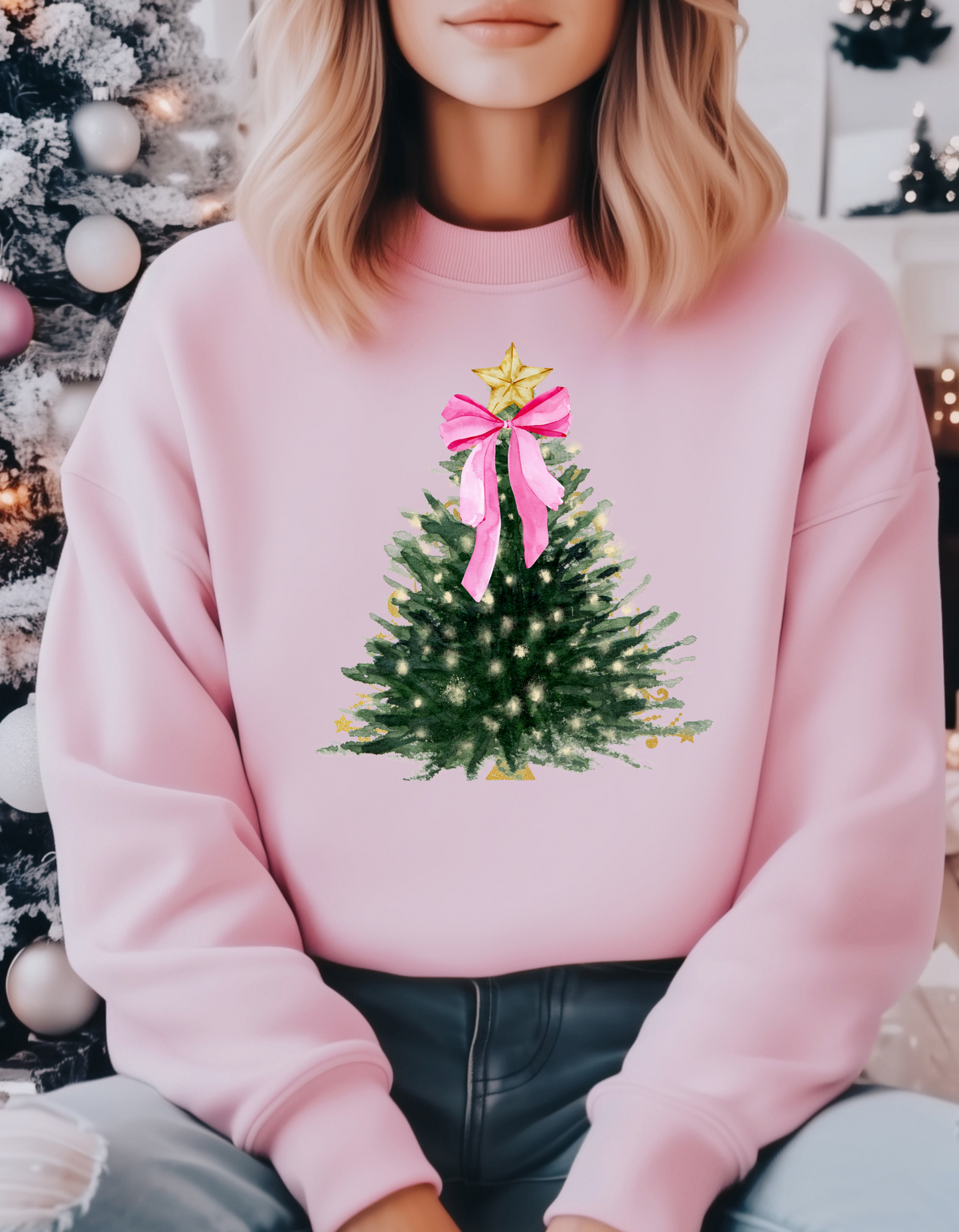 Chic Christmas Tree T-shirt – Holiday Tree with White Lights and Pink Bow