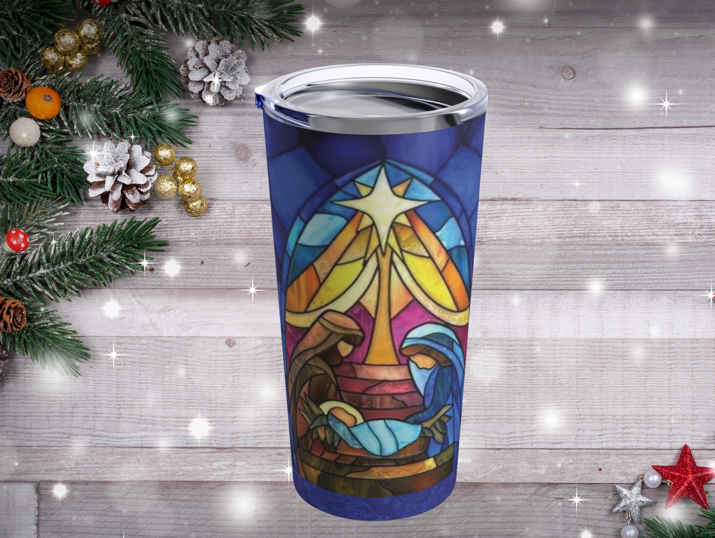 Stained Glass Nativity Scene Tumbler – Inspirational Christmas Gift for Family or Friends