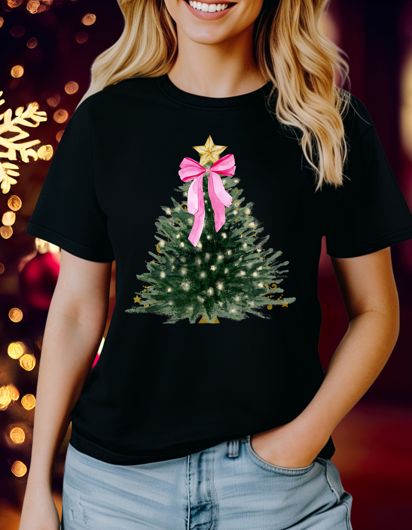 Chic Christmas Tree T-shirt – Holiday Tree with White Lights and Pink Bow