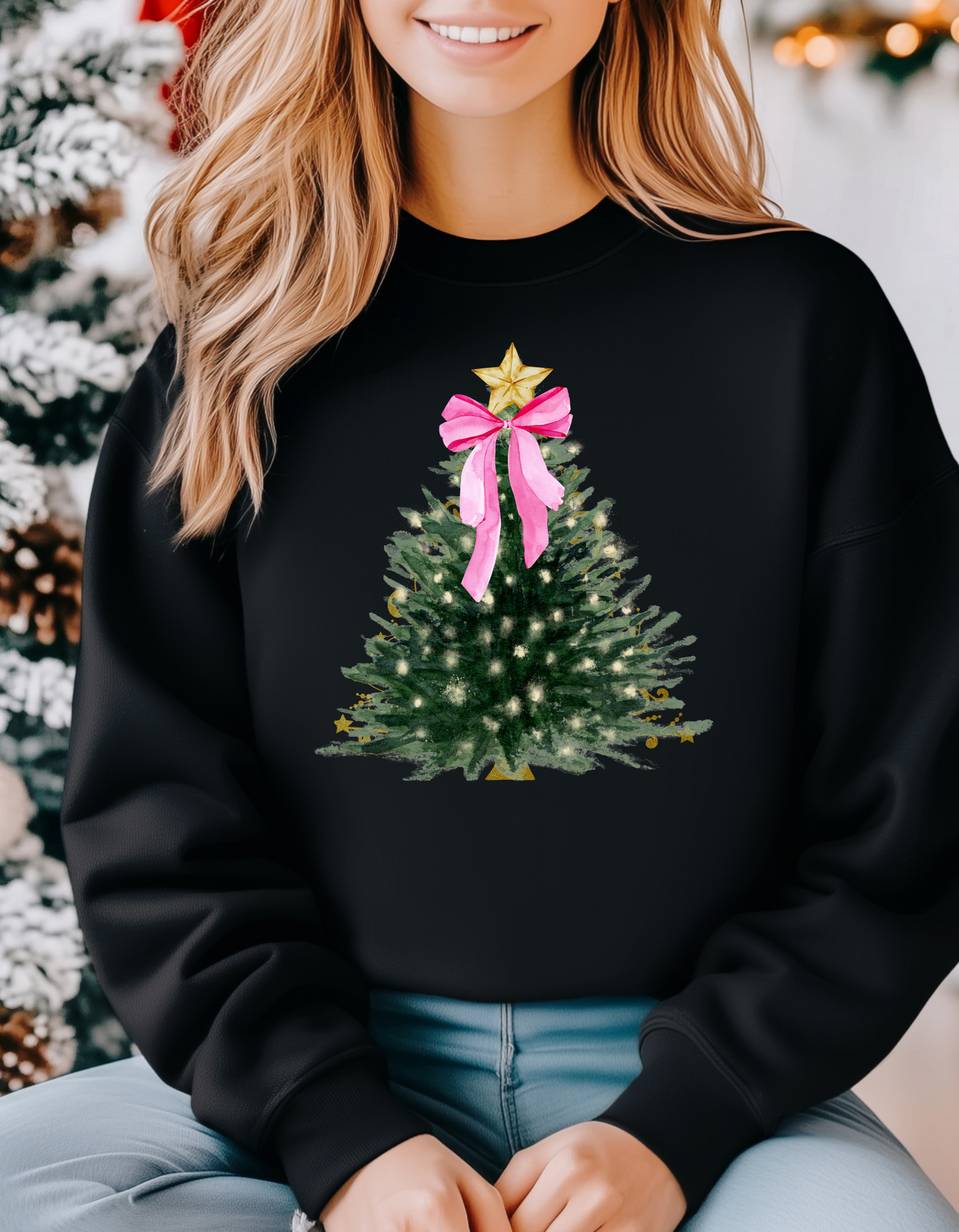 Chic Christmas Tree T-shirt – Holiday Tree with White Lights and Pink Bow