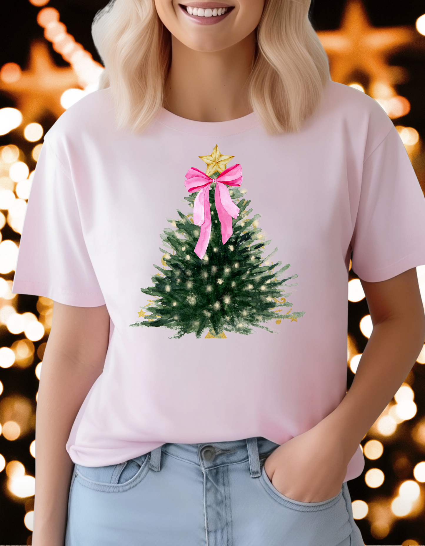 Chic Christmas Tree T-shirt – Holiday Tree with White Lights and Pink Bow