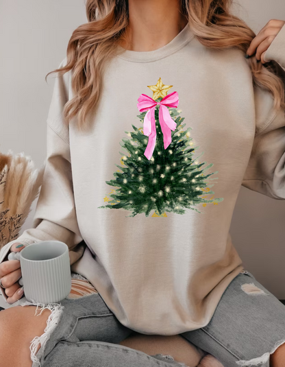 Chic Christmas Tree T-shirt – Holiday Tree with White Lights and Pink Bow