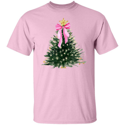 Chic Christmas Tree T-shirt – Holiday Tree with White Lights and Pink Bow