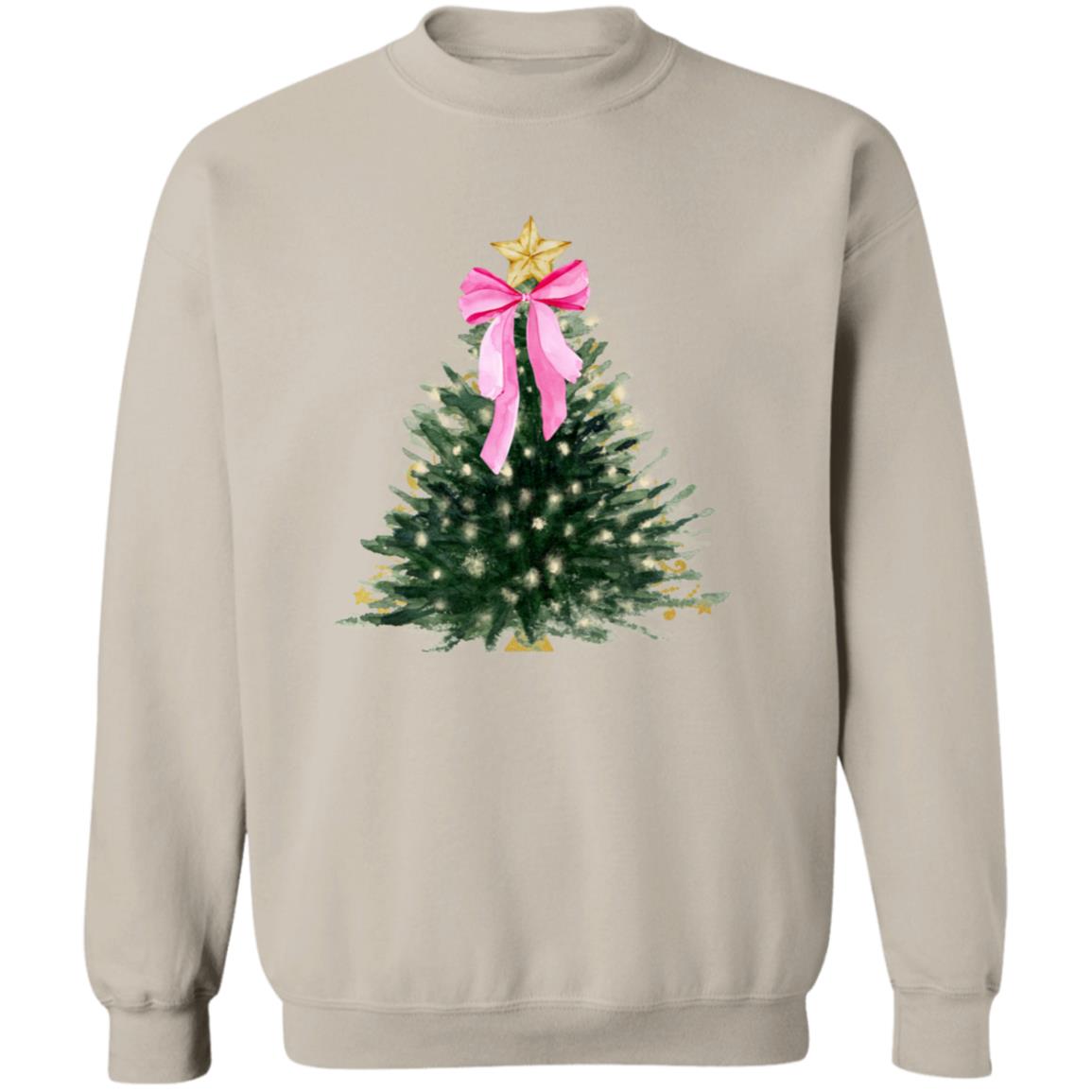 Chic Christmas Tree T-shirt – Holiday Tree with White Lights and Pink Bow