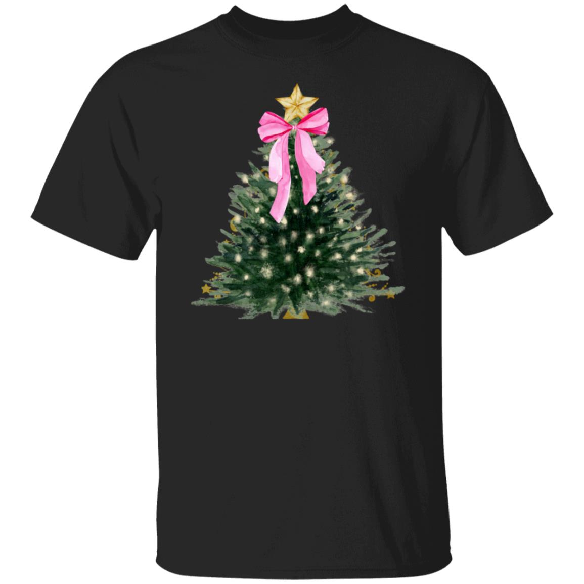 Chic Christmas Tree T-shirt – Holiday Tree with White Lights and Pink Bow