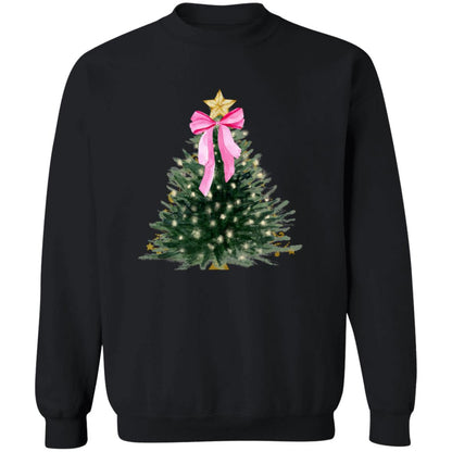 Chic Christmas Tree T-shirt – Holiday Tree with White Lights and Pink Bow