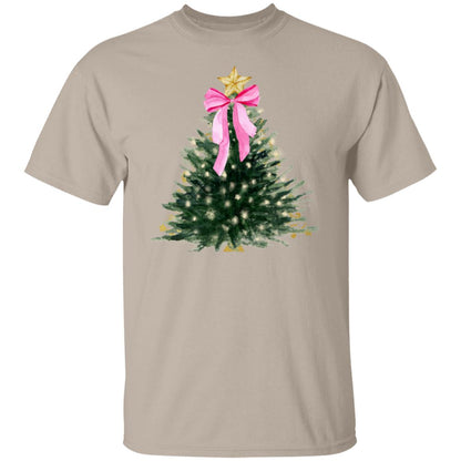 Chic Christmas Tree T-shirt – Holiday Tree with White Lights and Pink Bow