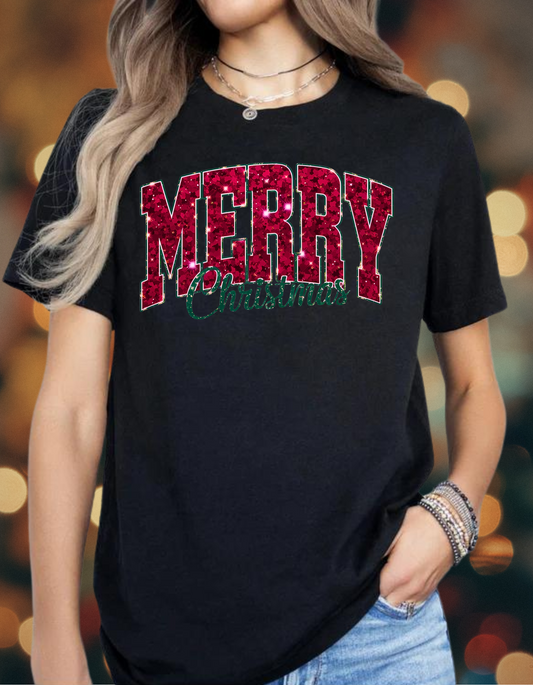 Merry Christmas T-Shirt – Red Sequin Print Festive Apparel